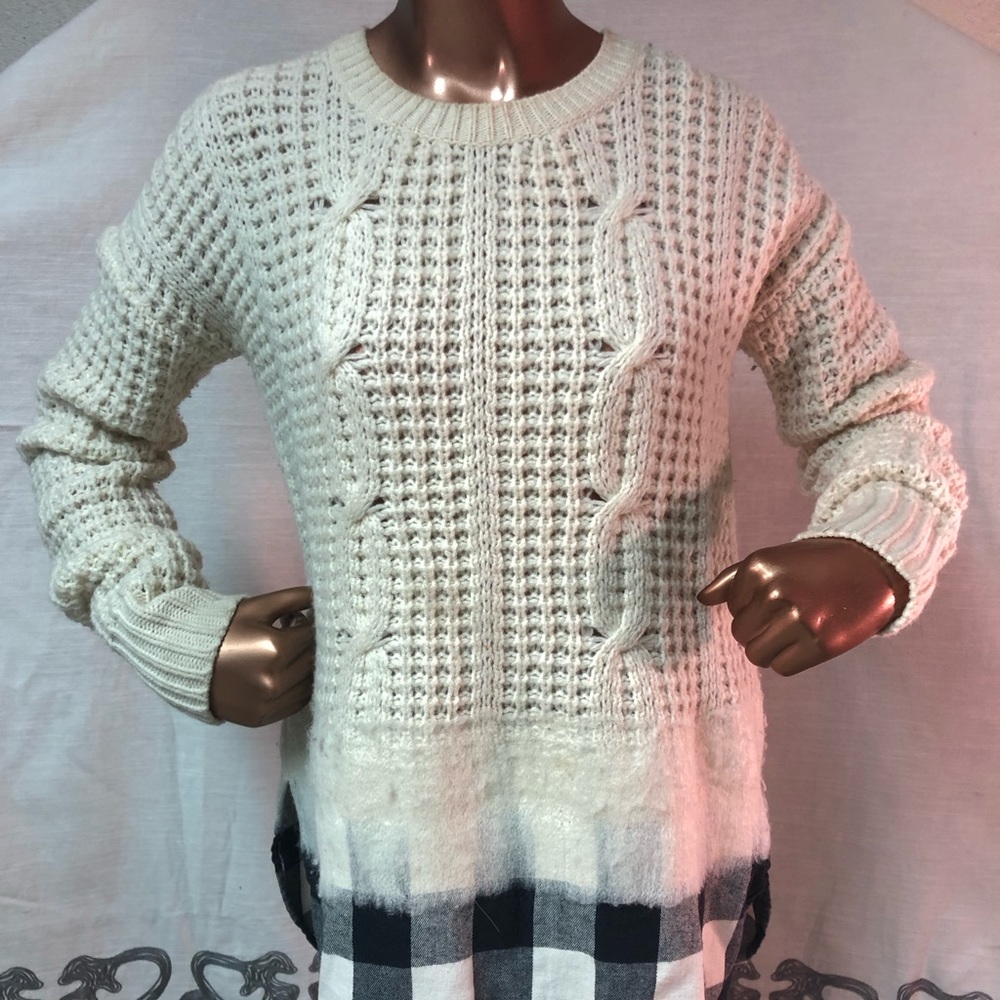 Madewell white cable knit sweater black checkered plaid XS. Perfect condition